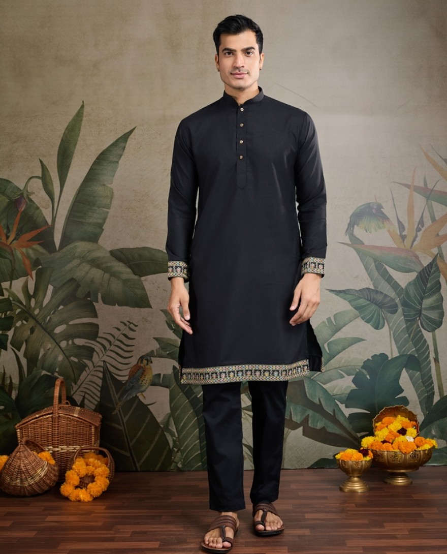 61231-black - Embroidery Black Cotton Kurta & Koti Jacket